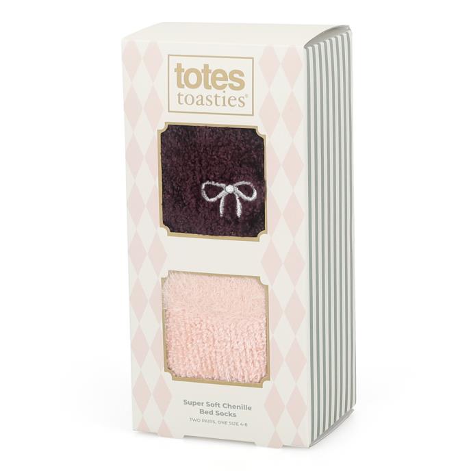 totes toasties® Ladies Chenille Super Soft Bed Socks (Twin Pack) Burgundy / Pink Extra Image 1